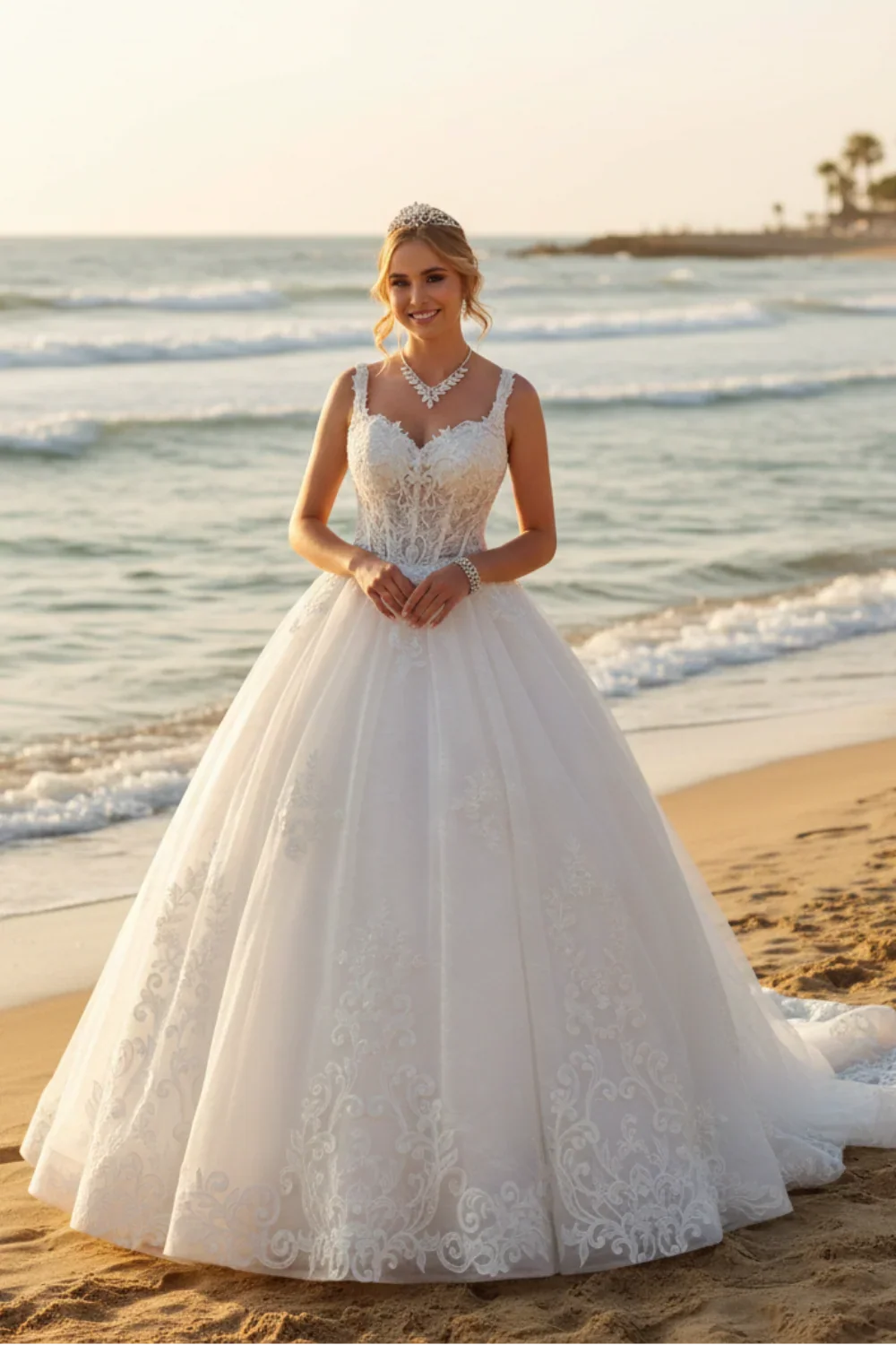A woman wearing a white lace ball gown wedding dress stands on a sandy beach with the ocean and warm sunset light in the background.