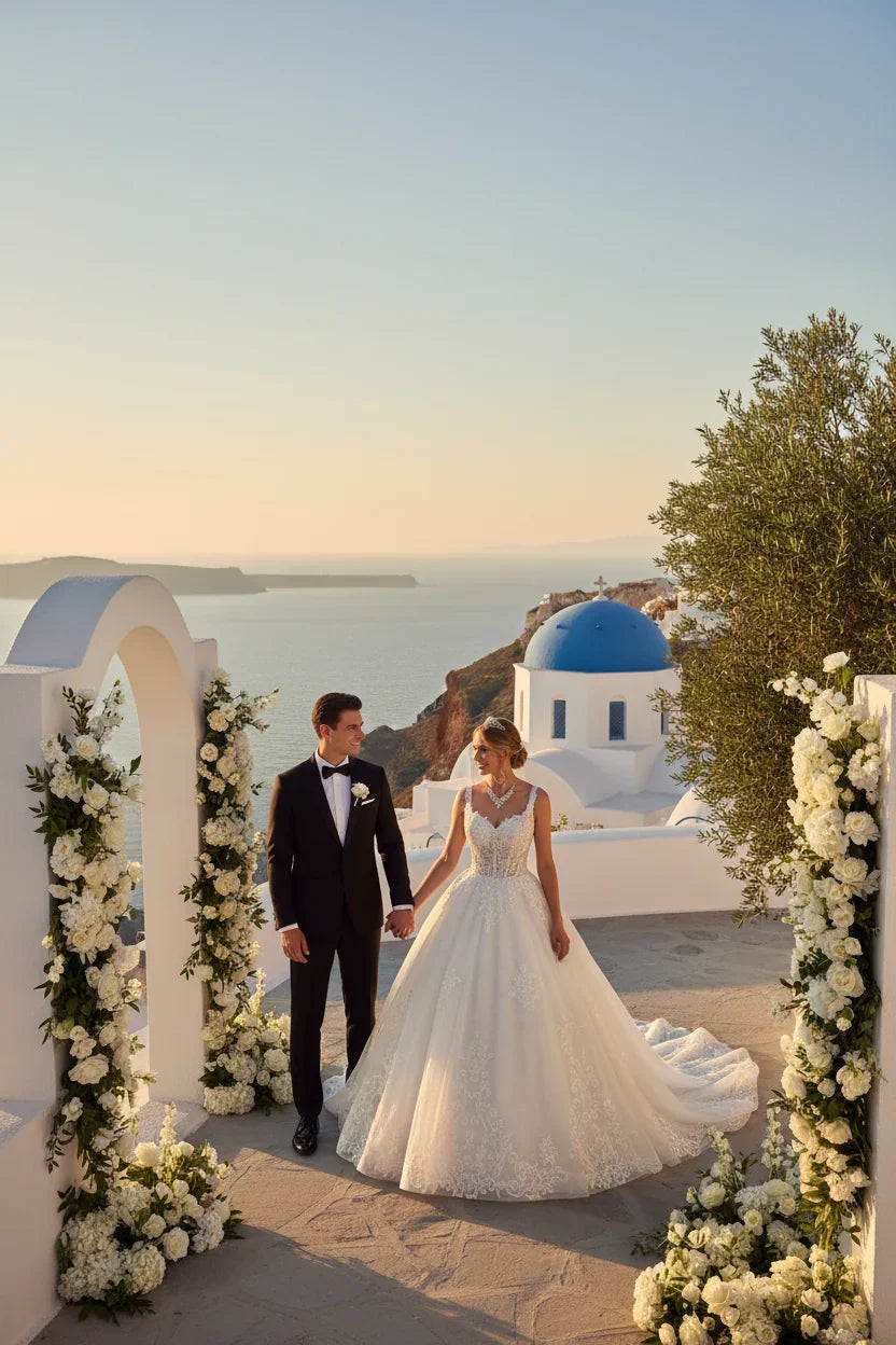 A bride in a white lace wedding gown and a groom in a black tuxedo holding hands, standing on a stone terrace with white arches, floral garlands, and a blue-domed building overlooking the sea in the background.