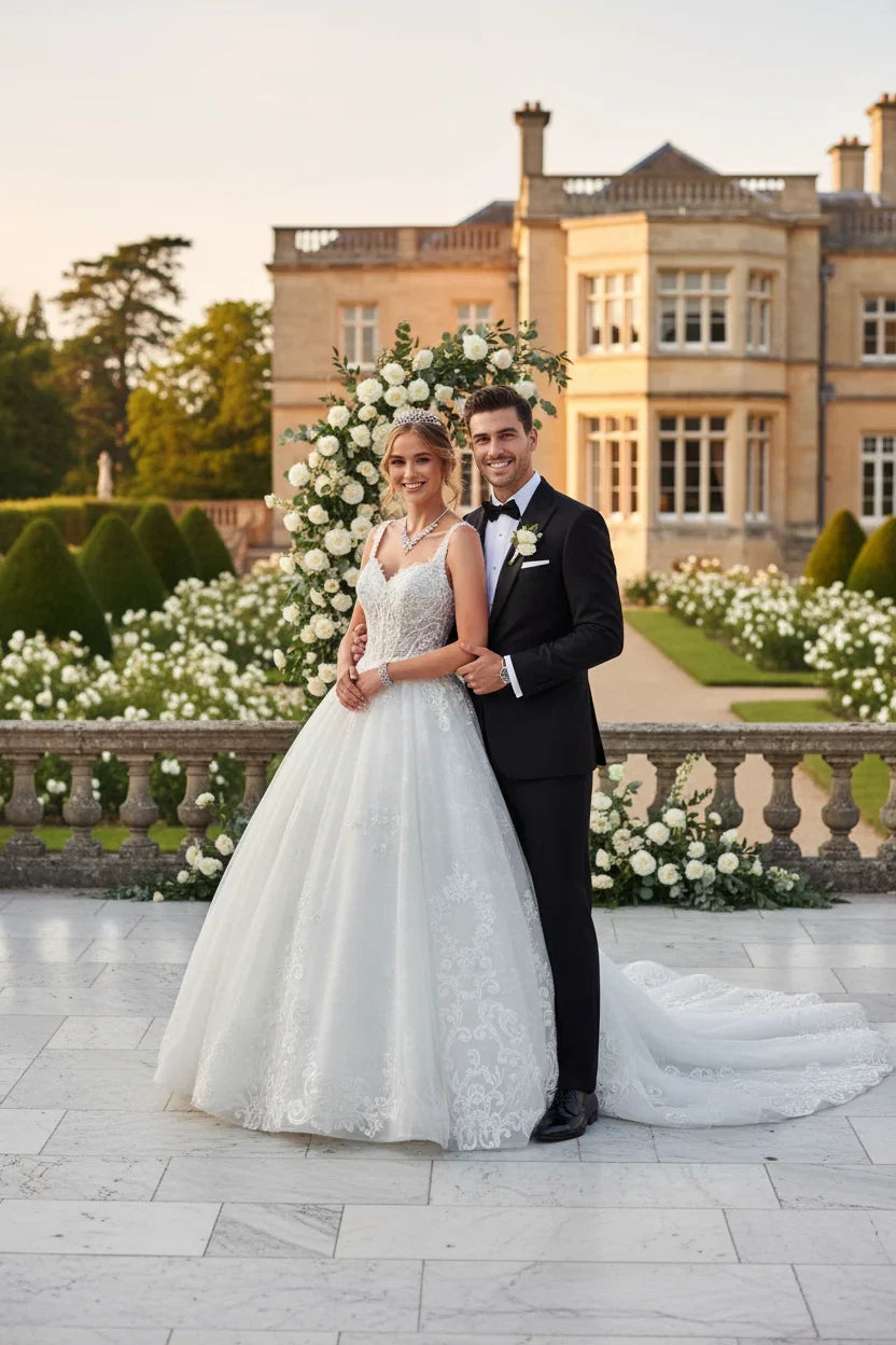 A bride in a sleeveless white lace wedding gown with a long train stands beside a groom in a black tuxedo with a white boutonniere, posing outdoors in front of a large elegant mansion and formal garden flower arrangements.