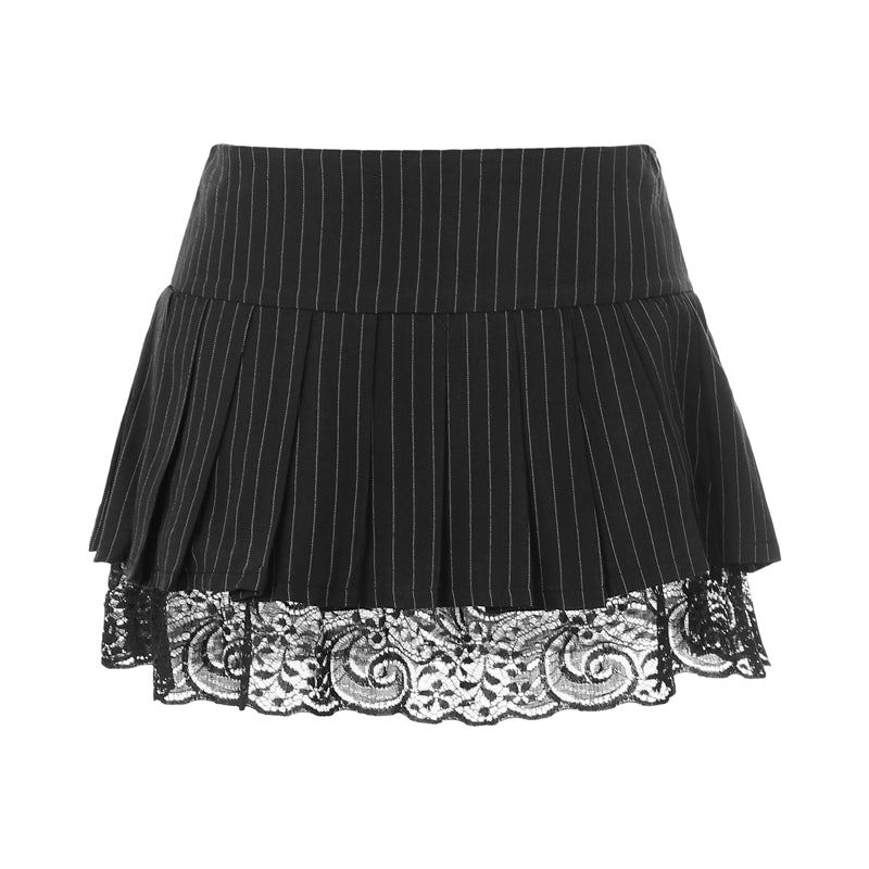 Black Striped Pleated Mini Skirt | Hallebeauty