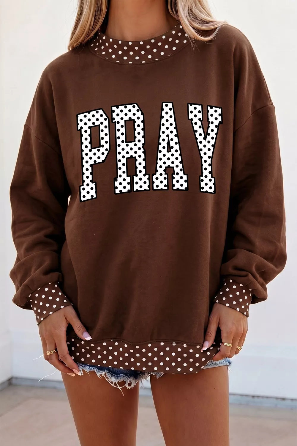 Polka Dot Trim PRAY Graphic Sweatshirt | Hallebeauty