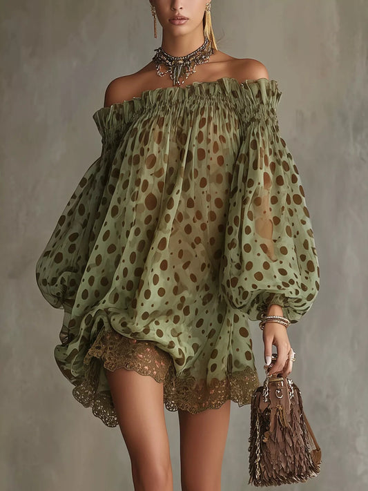 Off-Shoulder Polka Dot Sheer Mini Dress | Hallebeauty