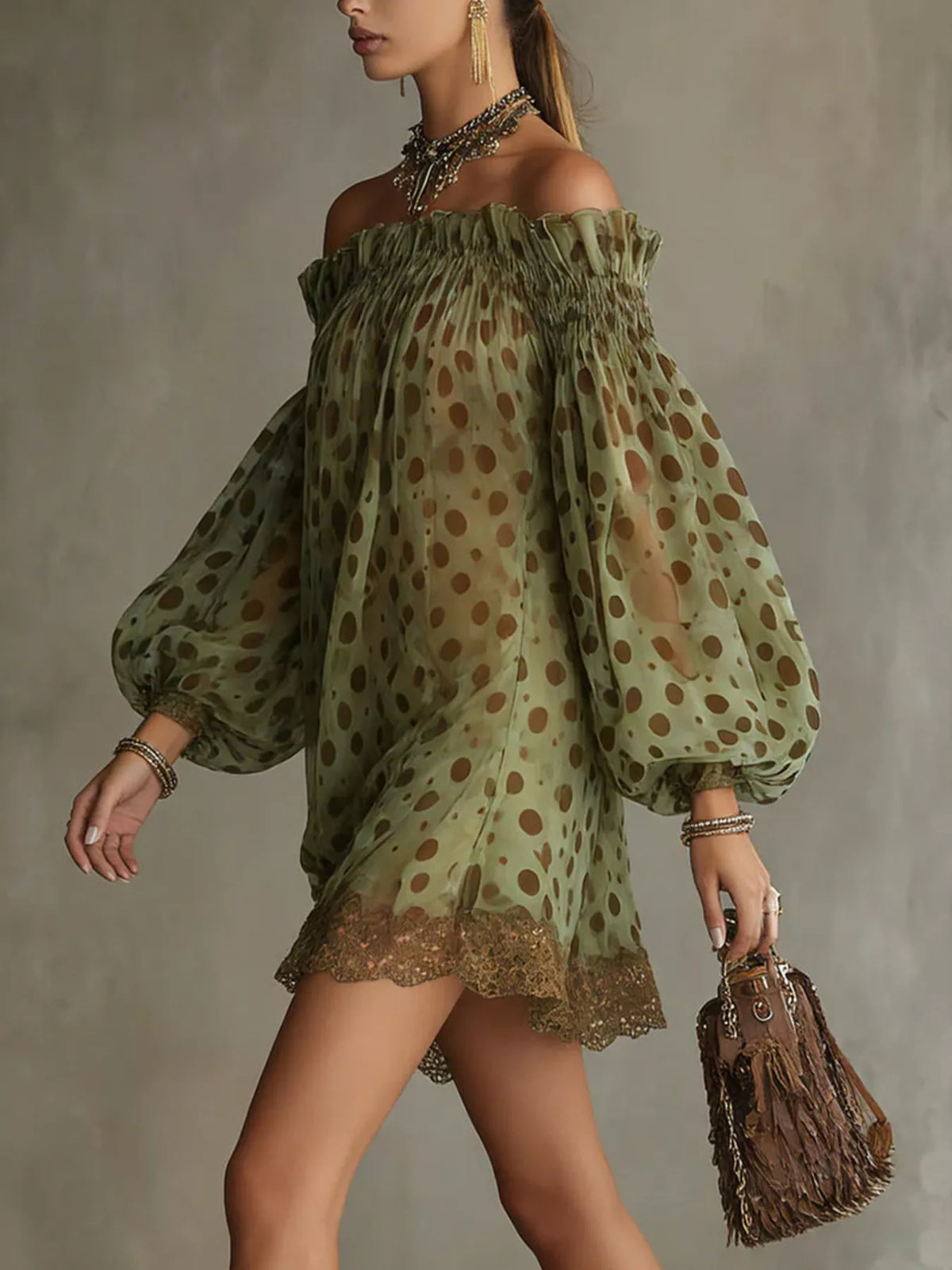 Off-Shoulder Polka Dot Sheer Mini Dress | Hallebeauty