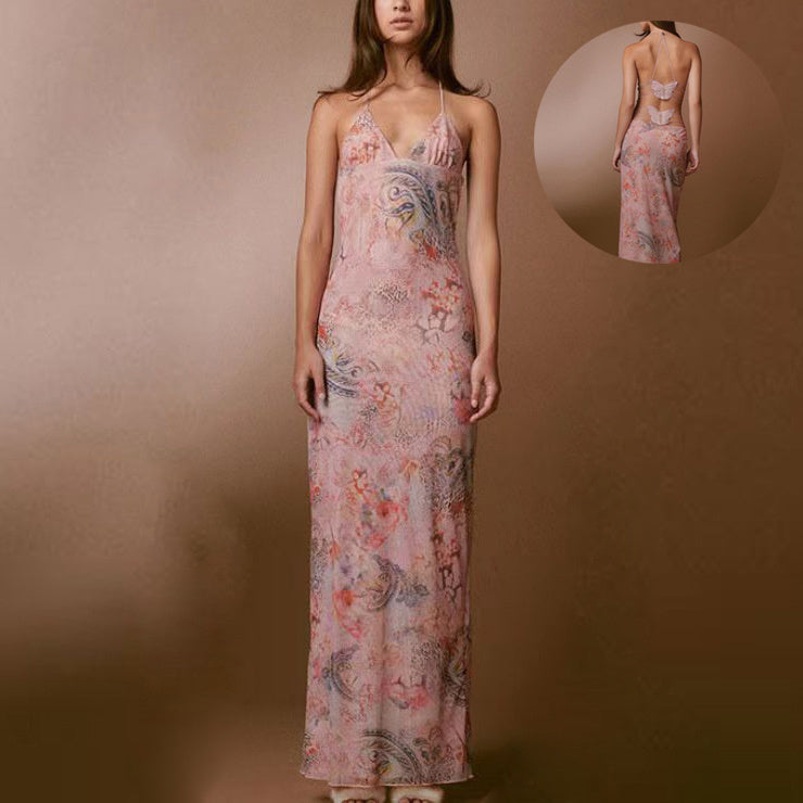 Sexy Floral Print Halter Dress - Women's Spring Summer Slim Fit