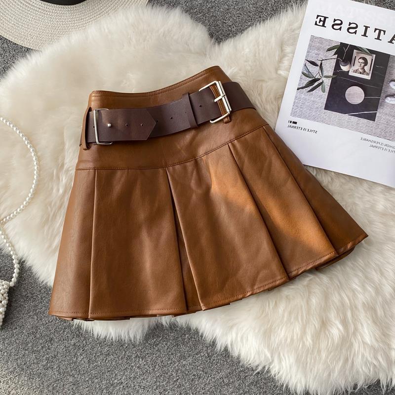 PU Pleated Mini Skirt in Red, Black or Brown | Hallebeauty