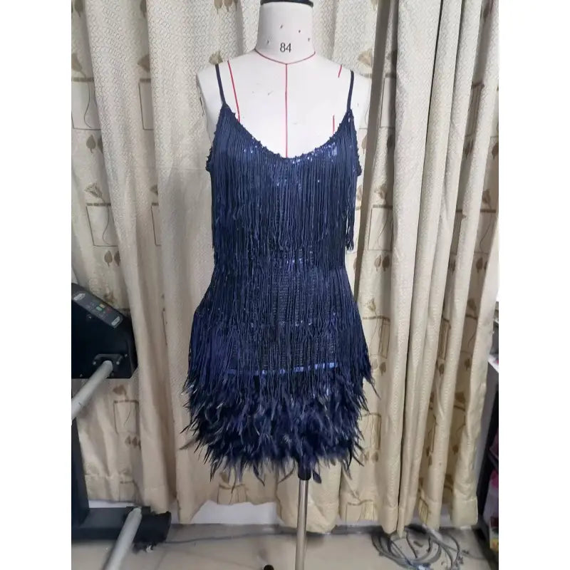 Tassel Sequins Feather Stitching Dress - HalleBeauty