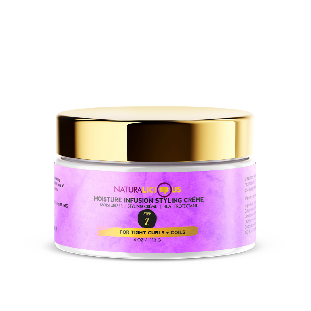 Purple jar of hair styling crème with gold lid on a white background