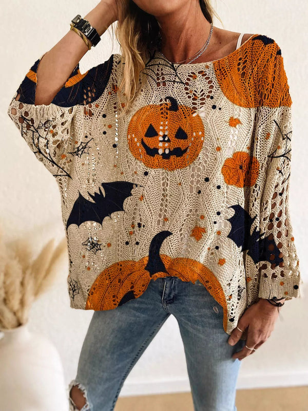 Plus Size Halloween Pumpkin Loose Knit Cover-Up
