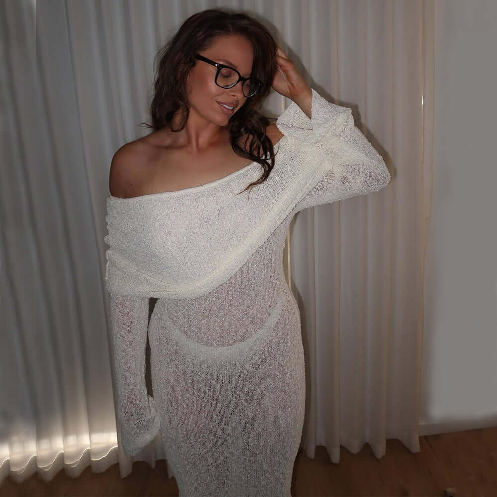 One-Shoulder Knitted Long-Sleeved Beach Dress for Women