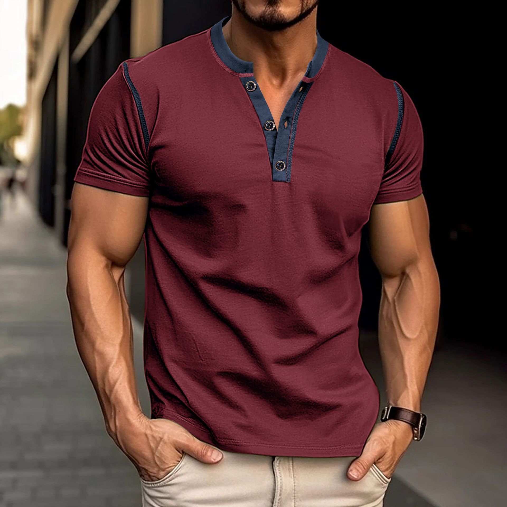 Short Sleeve Men's V-neck Polo - Summer Button T-shirt