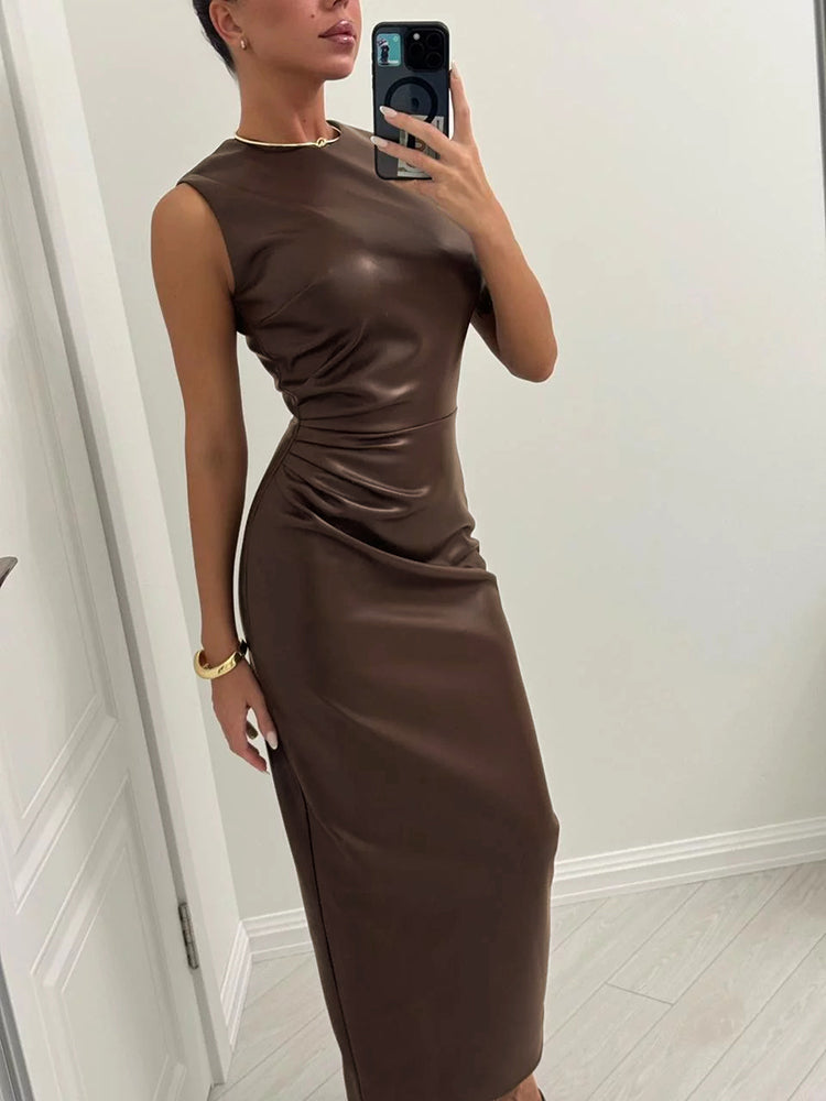 Sexy Leather Maxi Dress - Hip-Hugging Pleated Party Dress