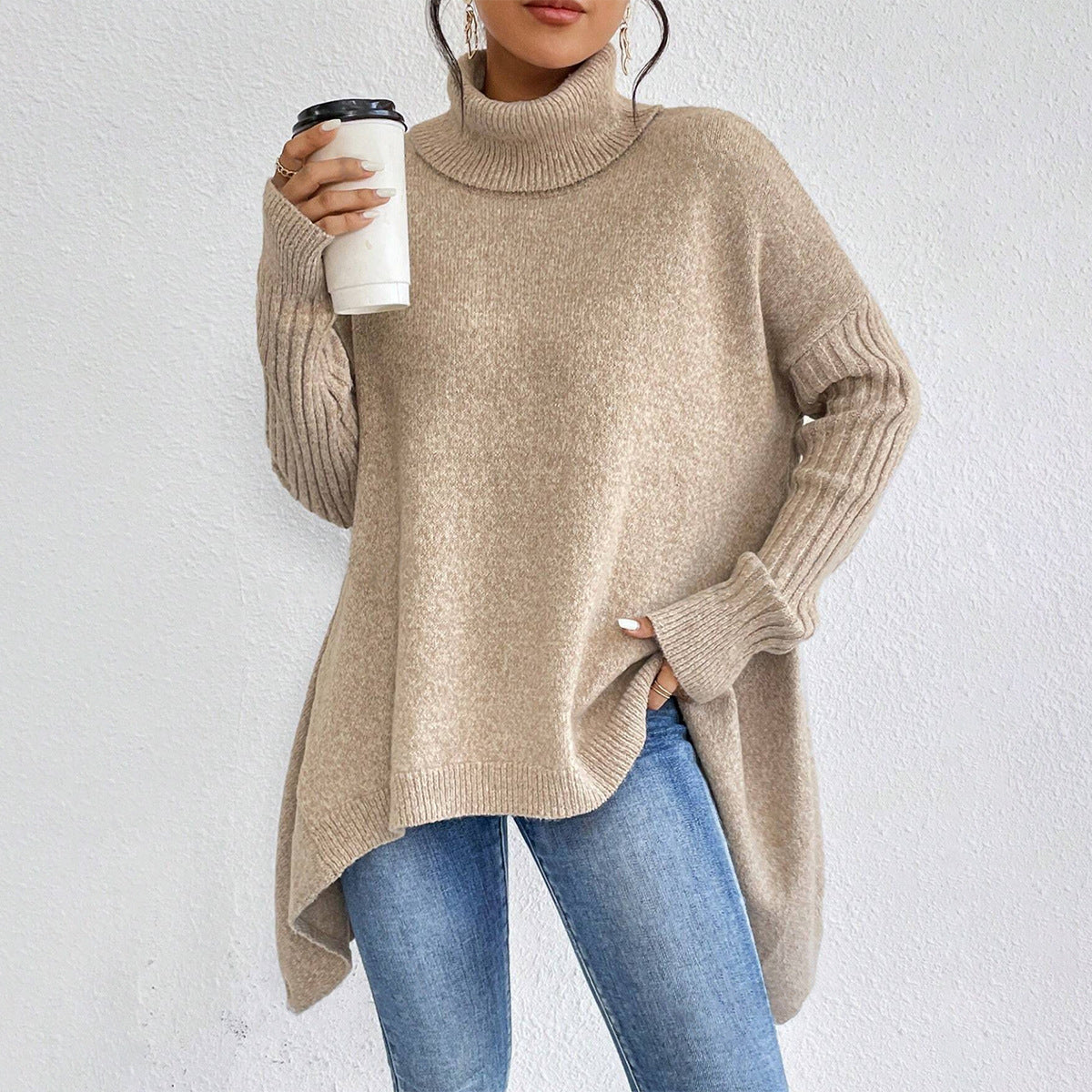 Loose-Fit Irregular Turtleneck Sweater | Hallebeauty