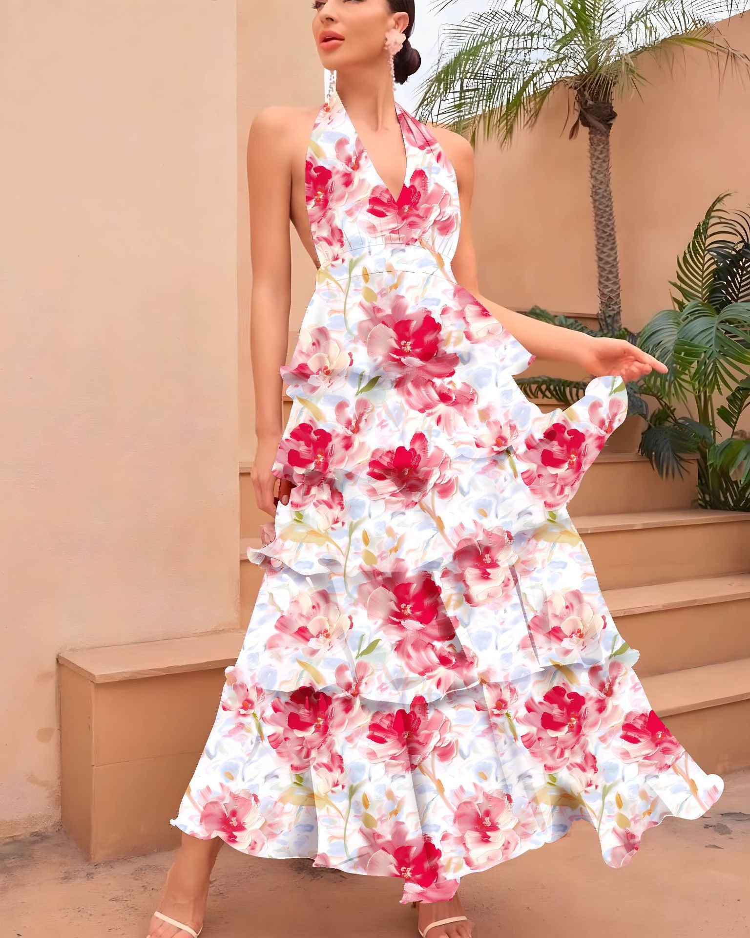 Women's Floral Halter Neck Chiffon Dress | S–XL
