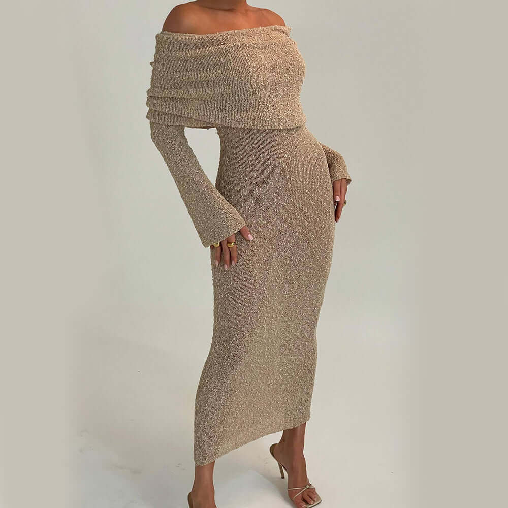 One-Shoulder Knitted Long-Sleeved Beach Dress for Women