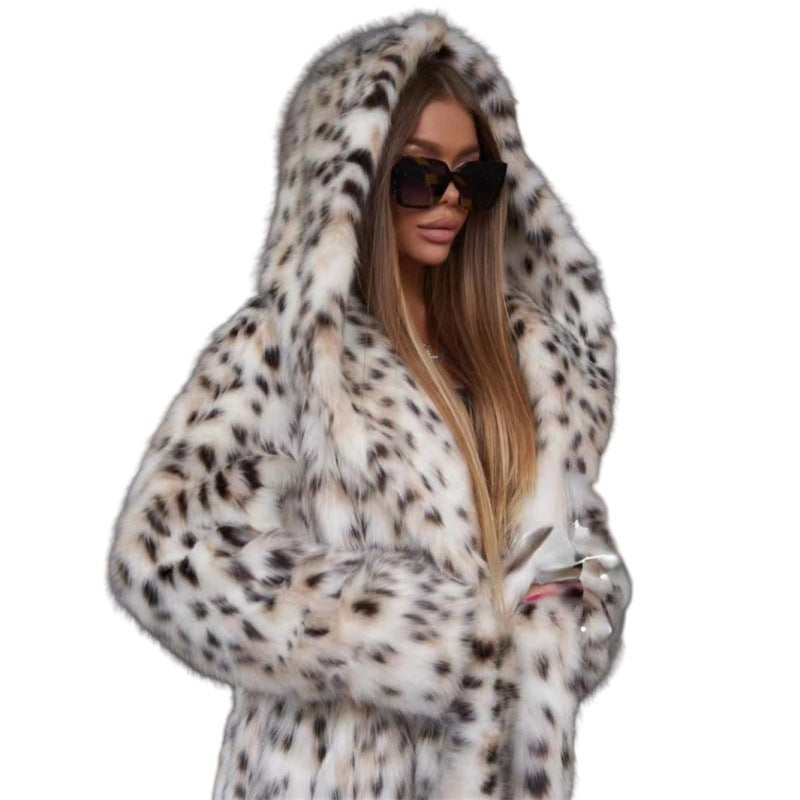 Leopard Print Hooded Mink Velvet Trench Coat - Long, Thick & Warm