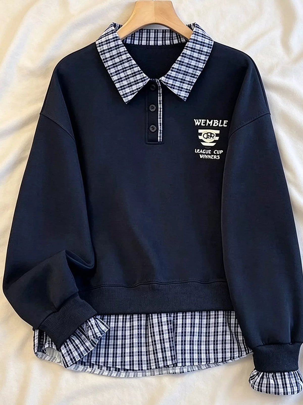Plaid Collared Faux-Layered Hem Sweatshirt
