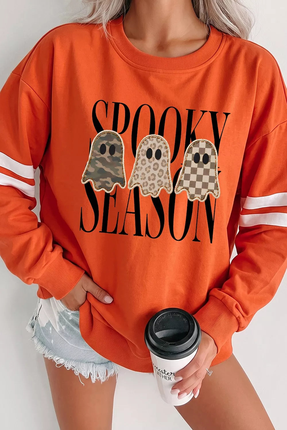 Spooky Season Ghost Striped Sleeve Sweatshirt | Hallebeauty