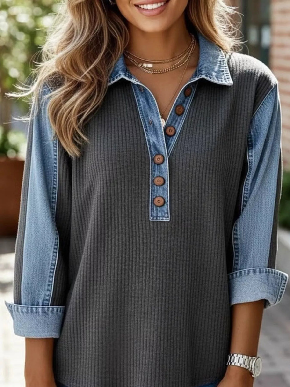 Denim Trim Button Sweatshirt | Hallebeauty