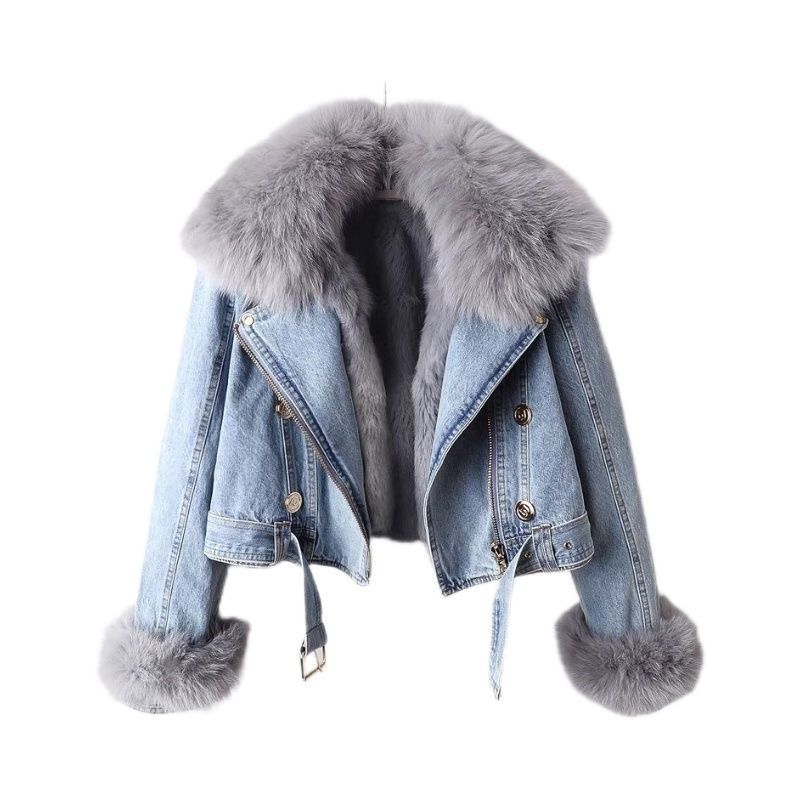 Denim Coat with Detachable Fur Liner | Fox & Rabbit Fur