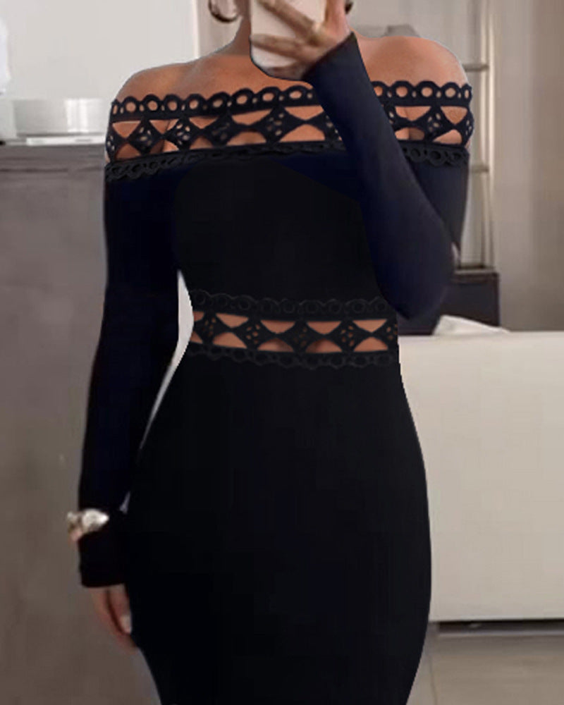Off-Shoulder Long Sleeve Lace Stitching Dress: Solid Color Elegance - HalleBeauty