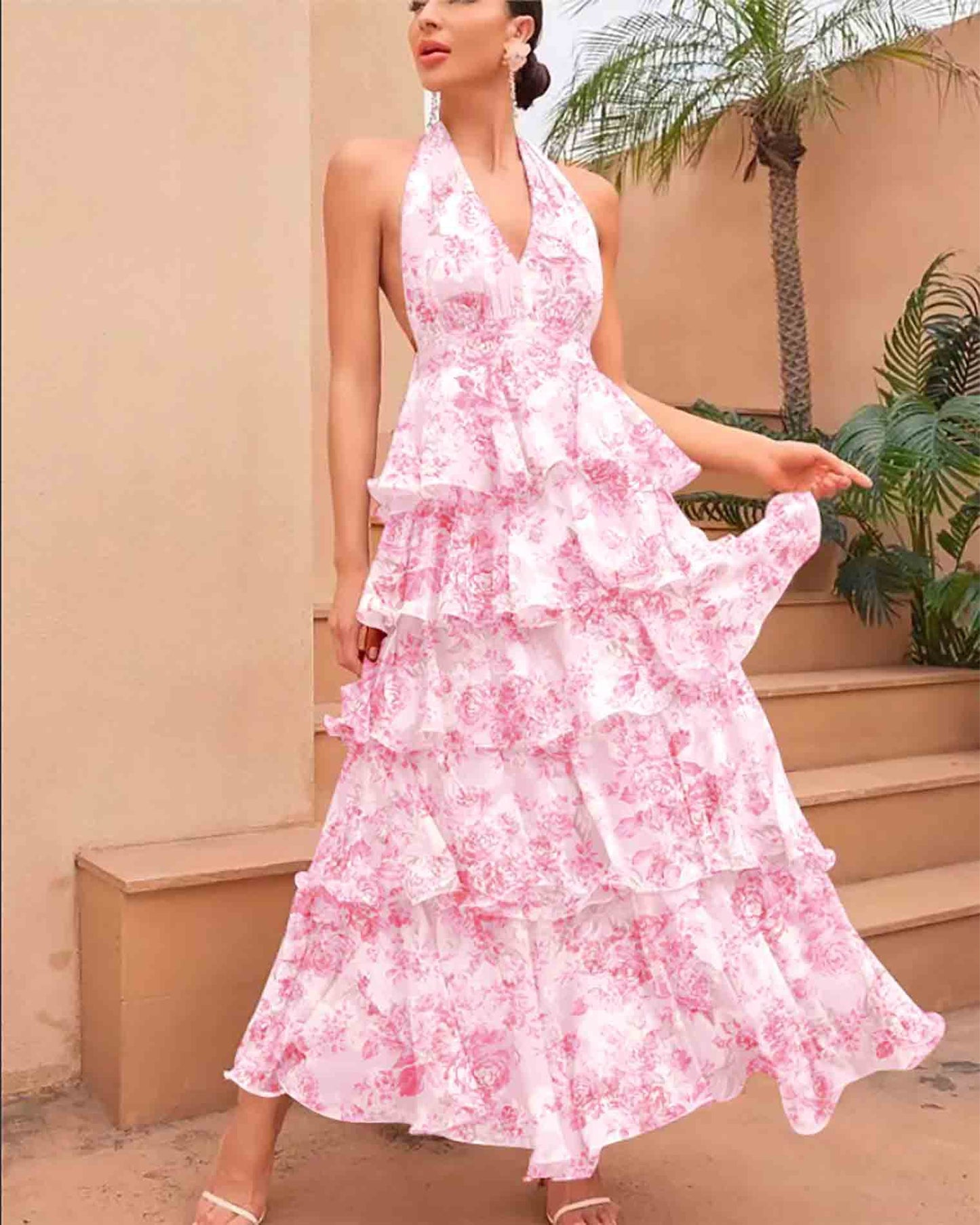 Women's Floral Halter Neck Chiffon Dress | S–XL