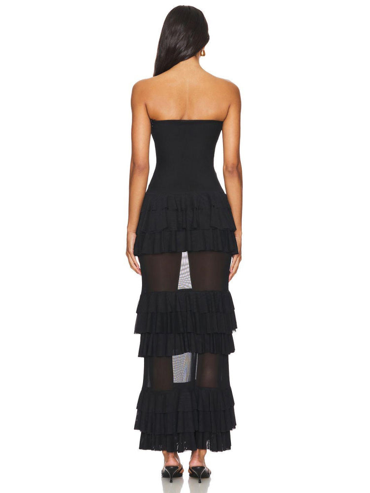 Strapless Ruffled Black Maxi Dress – Elegant & Bold