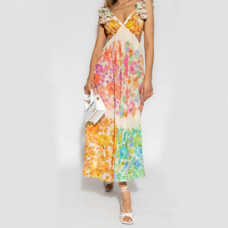 ParisianWhimsy - Floral Ruffle V-Neck Summer Dress