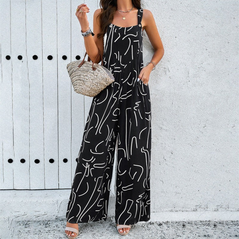 Fashion Print Square Neck Jumpsuit: Spring/Summer Casual Overalls for Women with Pockets - HalleBeauty