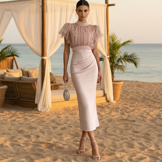 Pink Mesh Lace-Up Waist Two-Piece Dress Set | Hallebeauty
