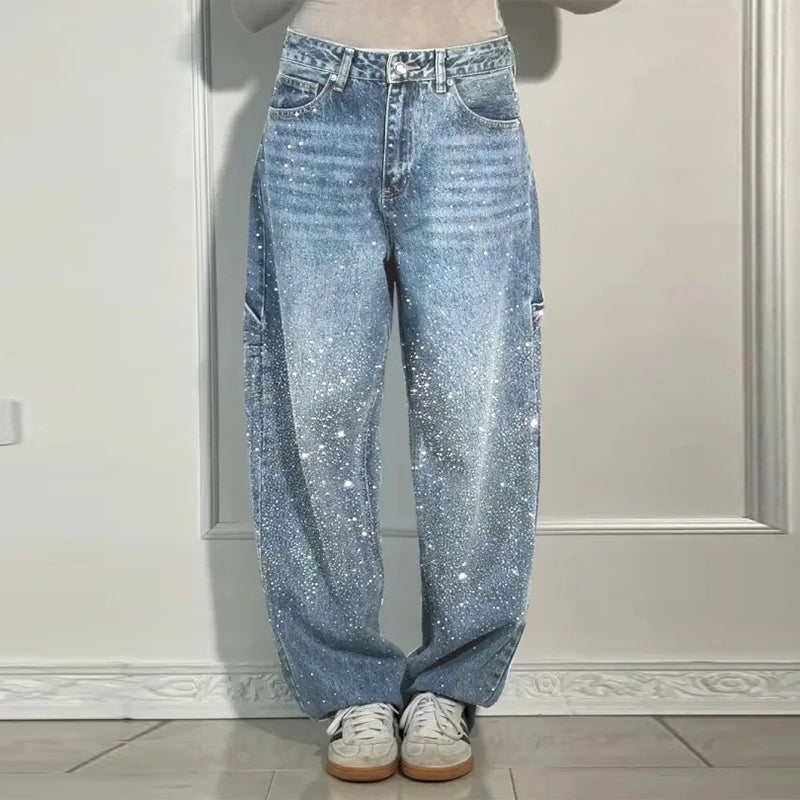 Rhinestone Baggy Jeans Women – Wide Leg Dragging Denim