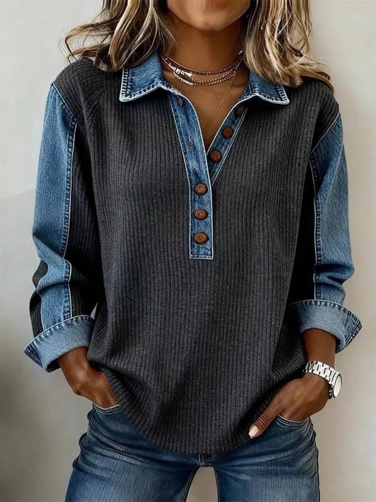 Denim Trim Button Sweatshirt | Hallebeauty