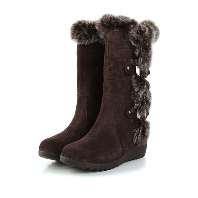 Women’s Brown Fur Mid-Calf Snow Boots | Casual Winter Flats