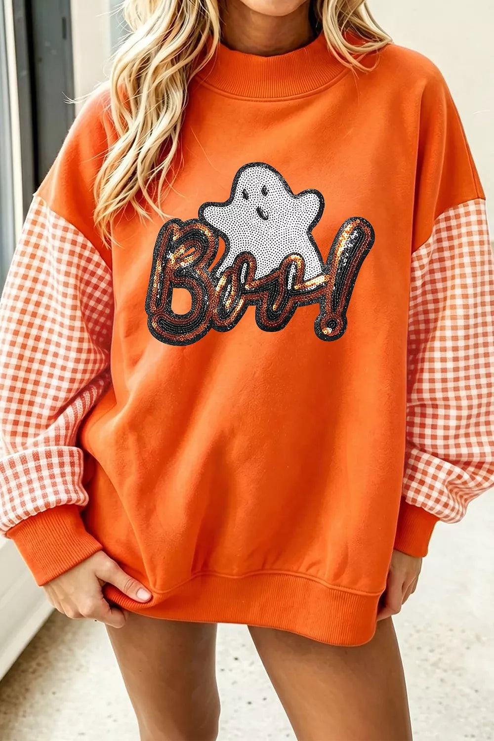 BOO Sequin Ghost Plaid Sleeve Sweatshirt | Hallebeauty