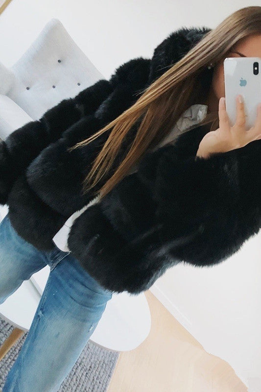 Hooded Faux Rabbit Fur Coat - Long Sleeve Winter Jacket