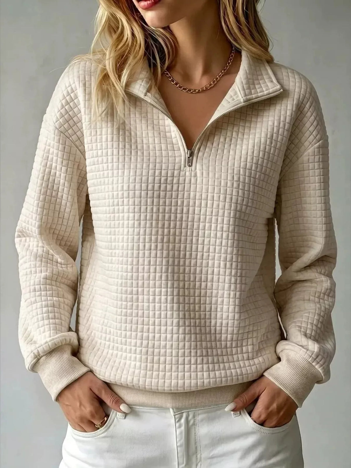 Waffle Knit Quarter-Zip Sweatshirt | Hallebeauty