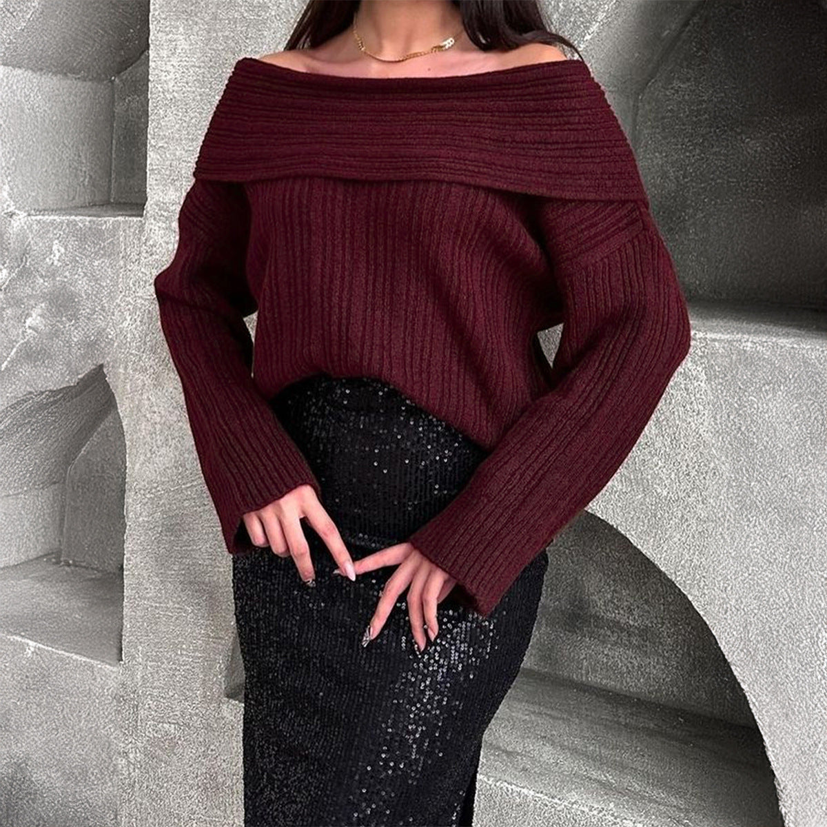 One-Shoulder Trumpet Sleeve Sweater | Loose Knit Top