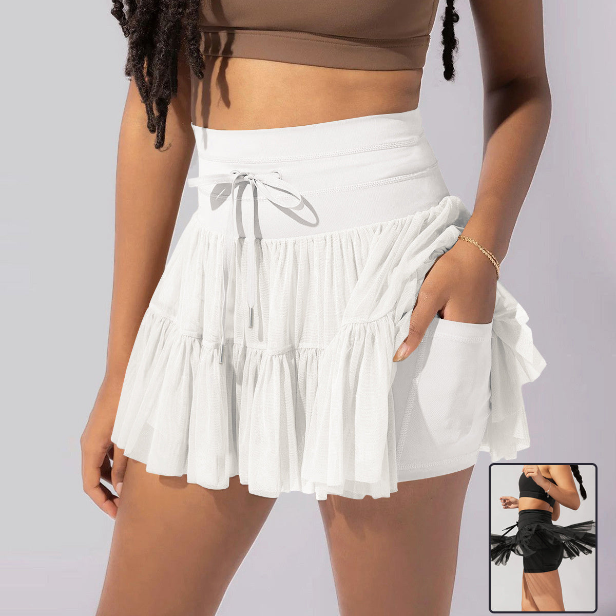 High Waist Lace-Up Sports Skirt with Safety Pants-Hallebeauty