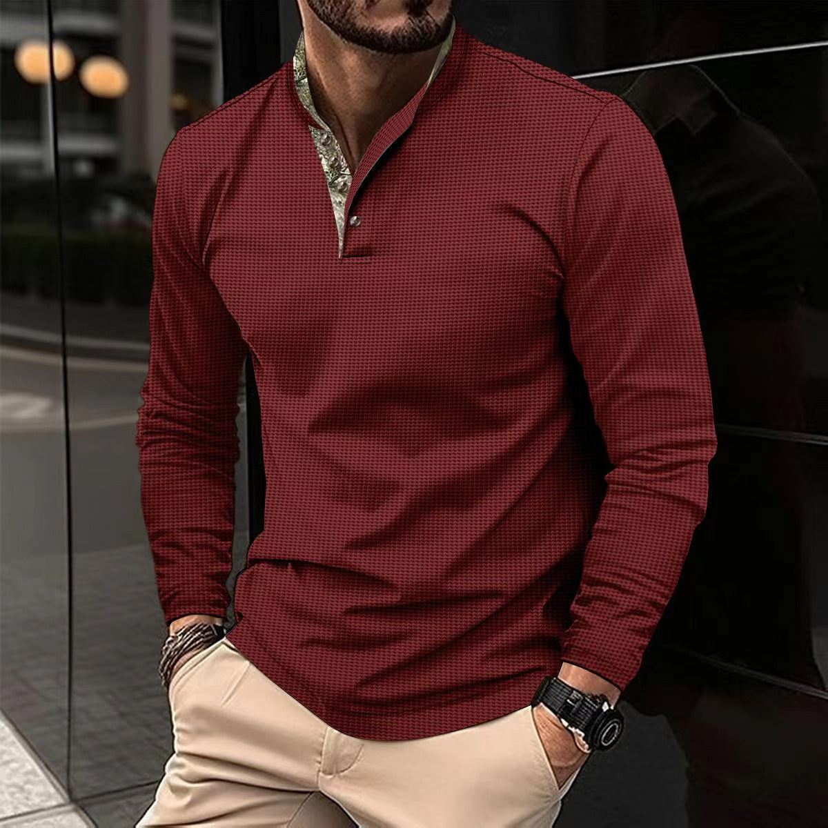 Men’s Double-Layer Lapel Polo Shirt - Waffle Long-Sleeved Fashion Top