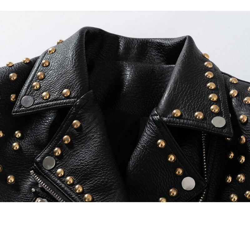 Women's Short Leather Jacket - Fashion Print Rivet Design