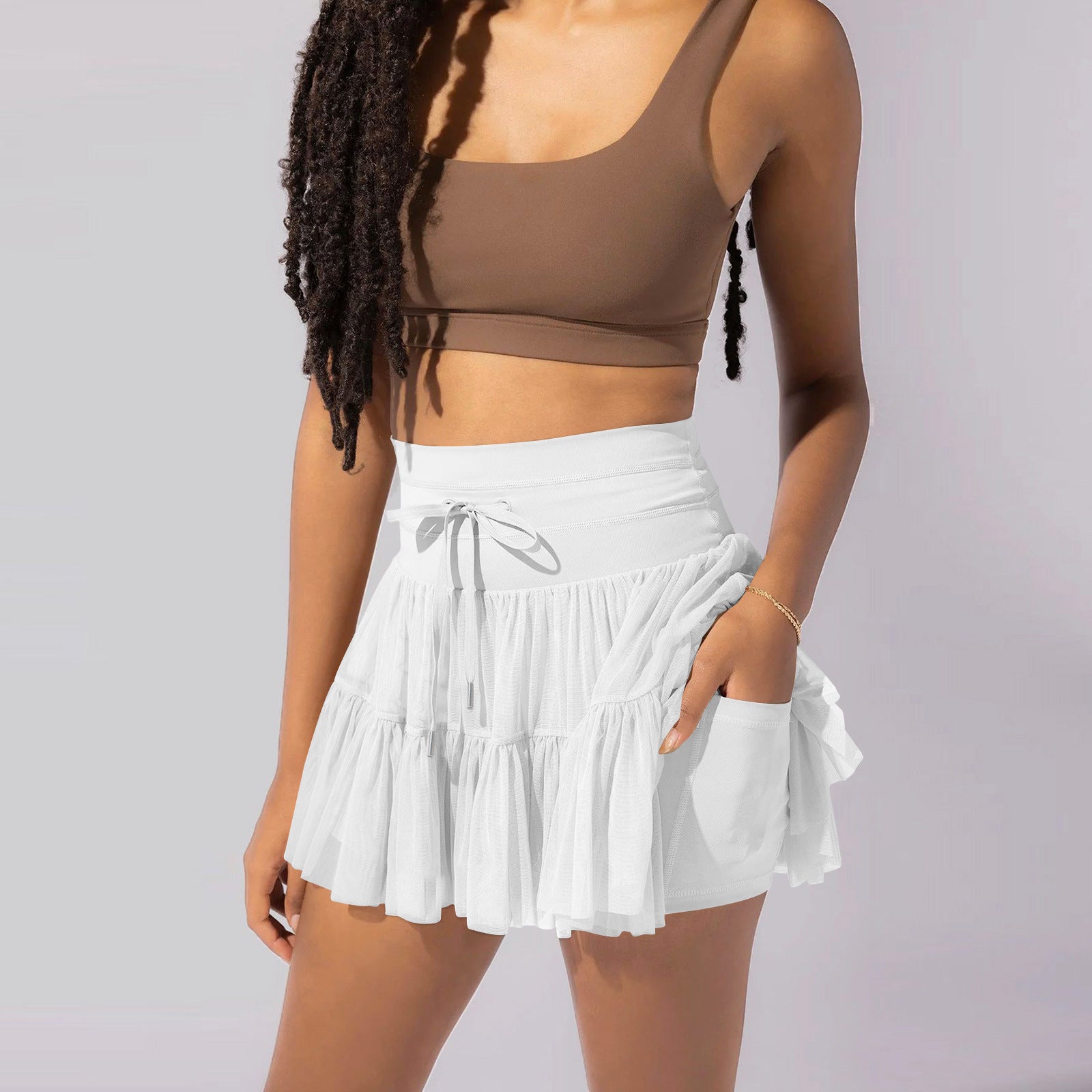 High Waist Lace-Up Sports Skirt with Safety Pants