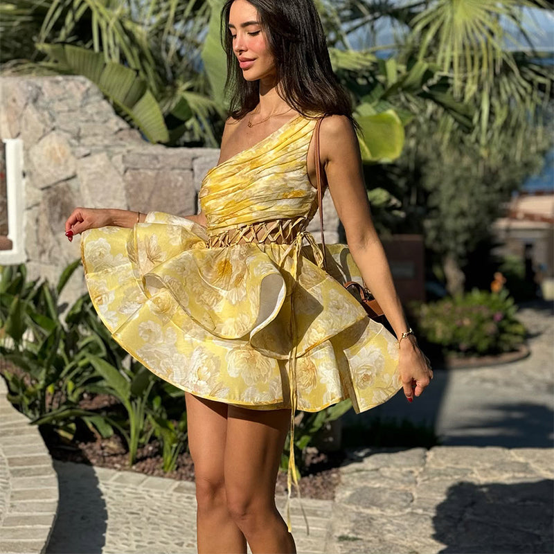 Floral One-Shoulder Dress - Hollow Out Ruffle Hem A-Line