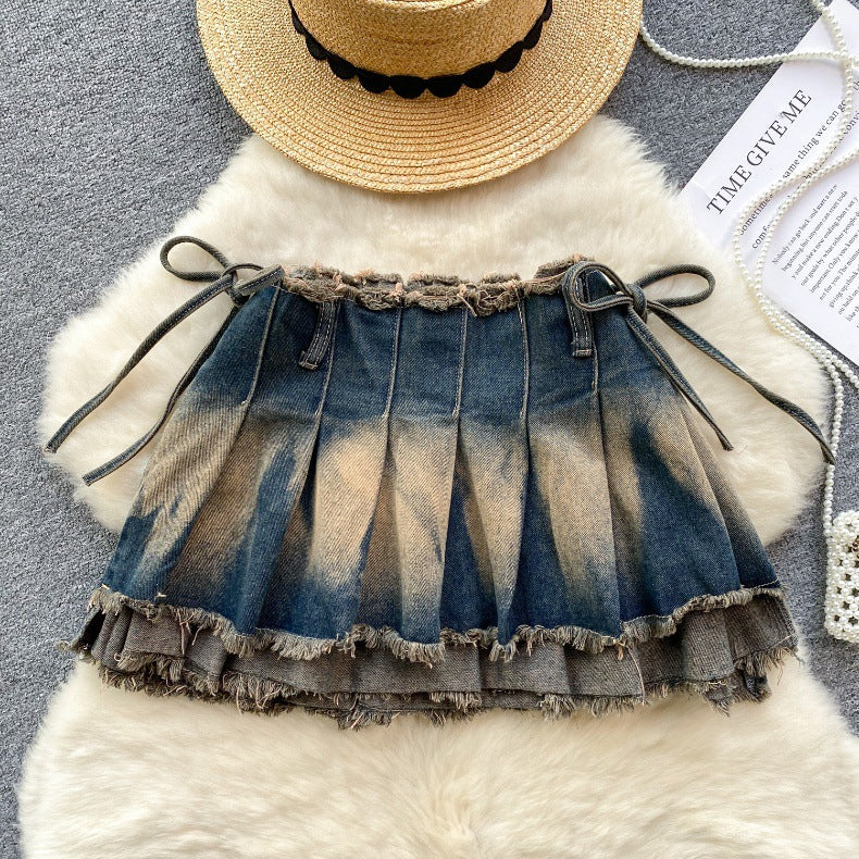 Watercolor Pleated Skirt with Bow | Hallebeauty