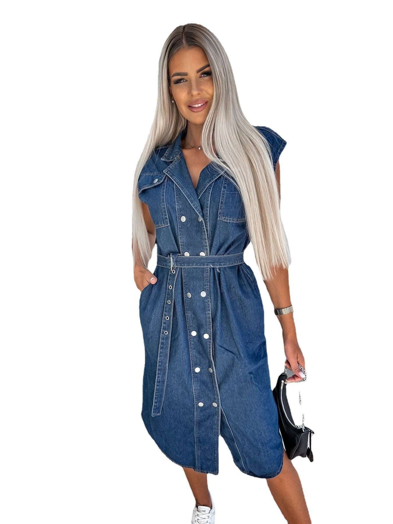 DenimLace - Chic Sleeveless Polo Denim Dress