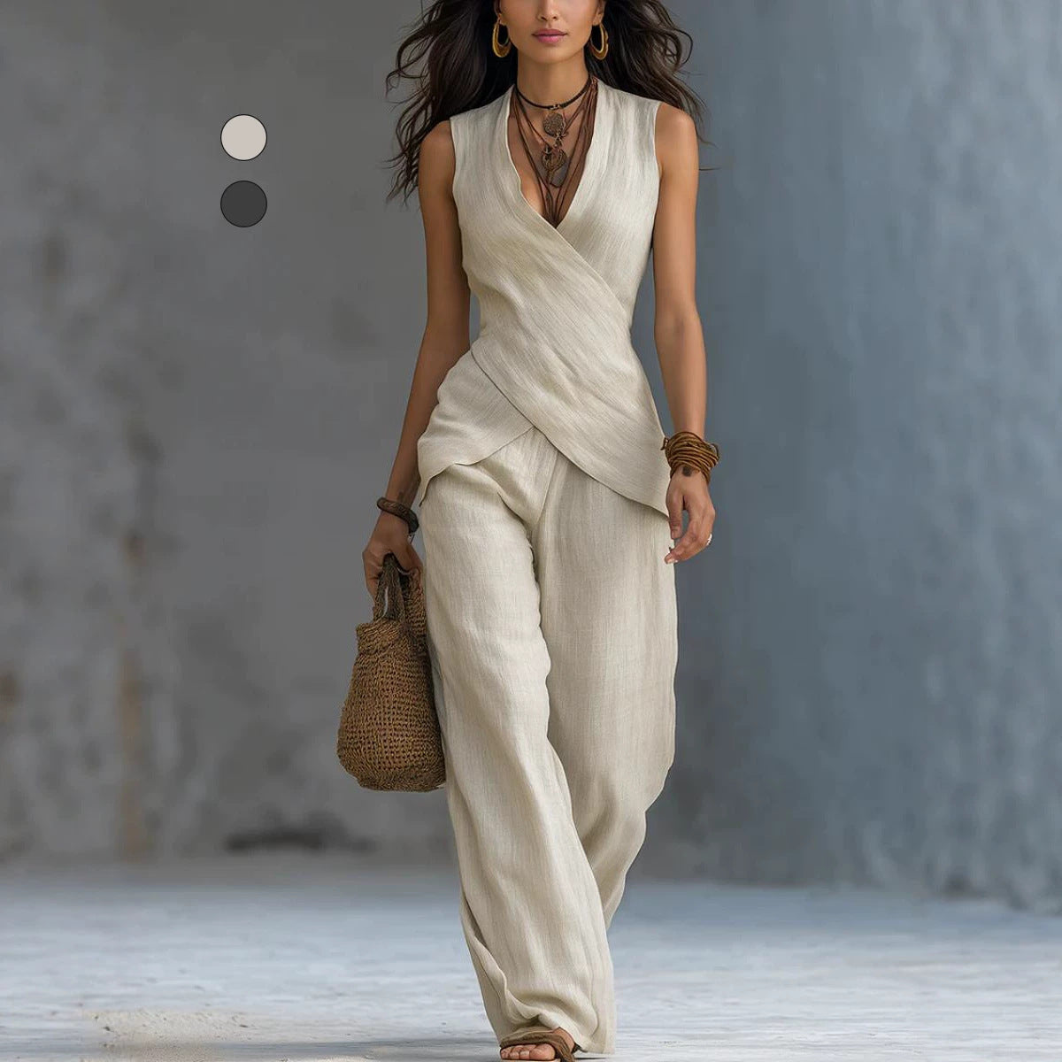 V-Neck Waist-Cinched Top & Wide Leg Pants Set | Hallebeauty