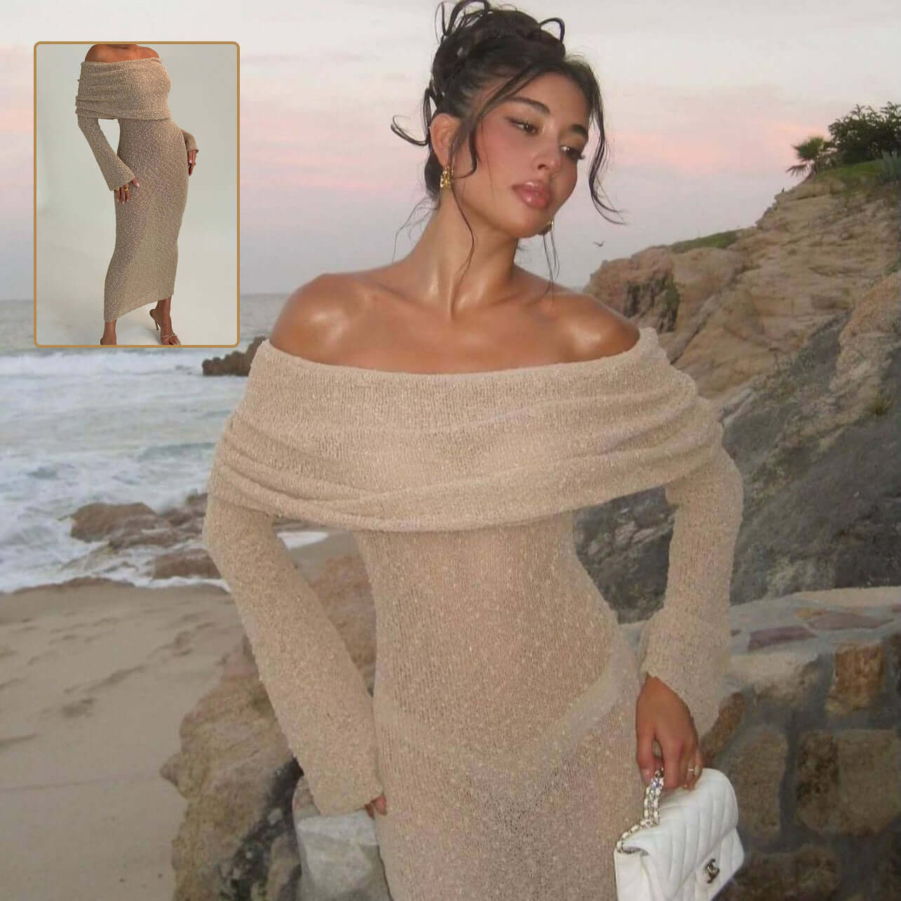 One-Shoulder Knitted Long-Sleeved Beach Dress for Women