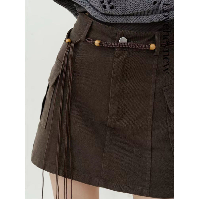Brown Lace-Up A-Line Skirt with Belt | Hallebeauty