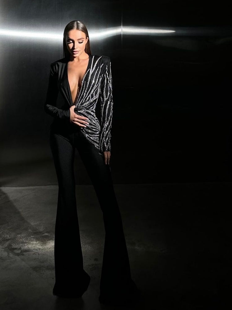 Sparkly V-Neck Jumpsuit - Elegant & Glamorous Outfit