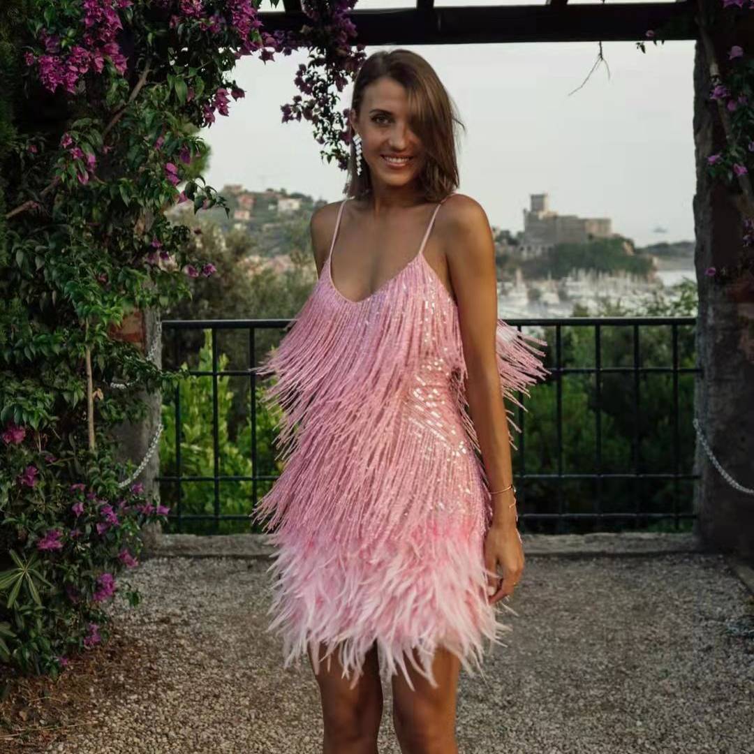 Tassel Sequins Feather Stitching Dress - HalleBeauty