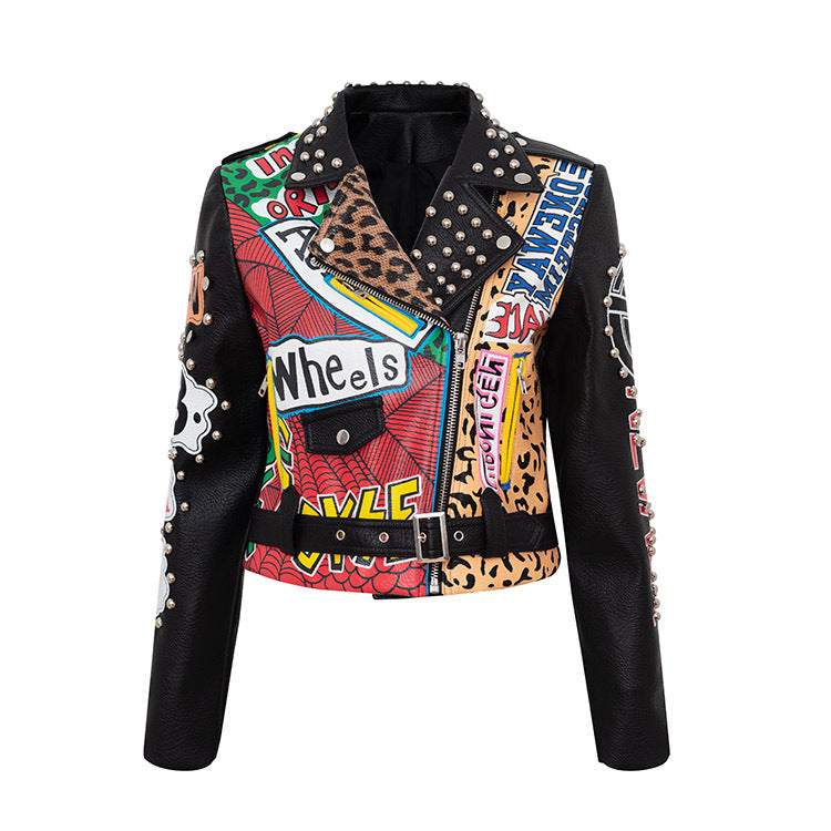 Printed Leather Chain Jacket - Slim Fit Studded Cropped Top