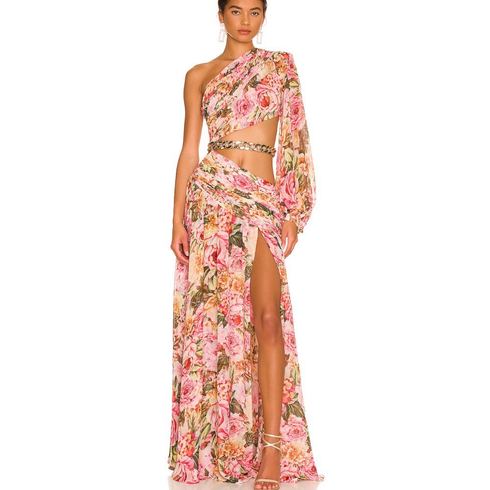 Elegant One-Shoulder Bubble Sleeve Floral Split Dress